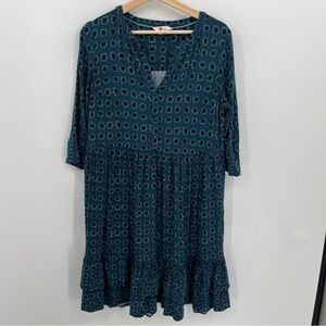 Boden Green Blue Star Tiered 3/4 Sleeve Dress